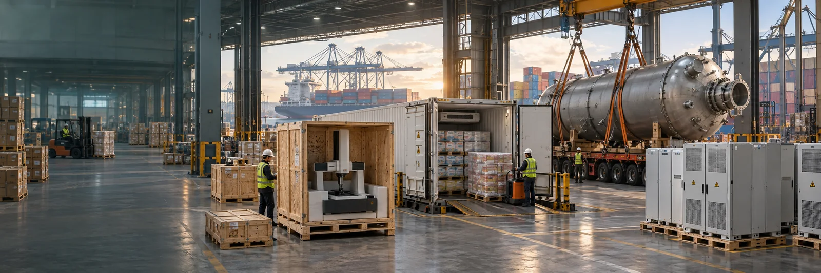 Multi-cargo logistics scene with precision-instrument crates, cold-chain freight, oversized equipment and energy-storage cabinets