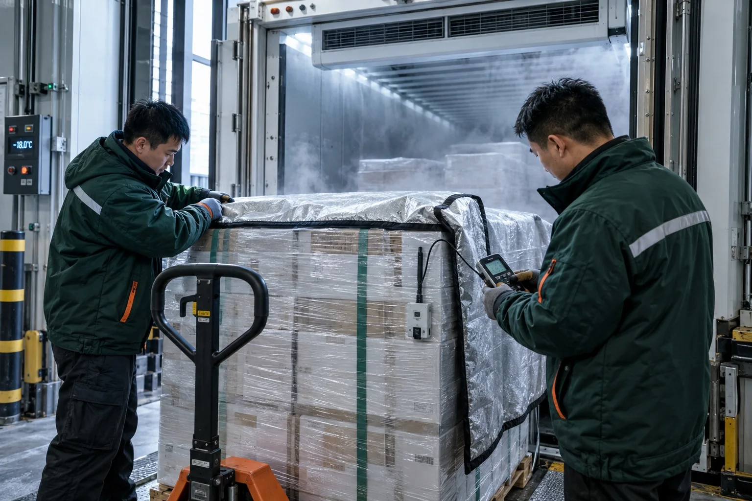 冷冻食品托盘在冷冻集装箱门口完成温控装载与记录设备确认